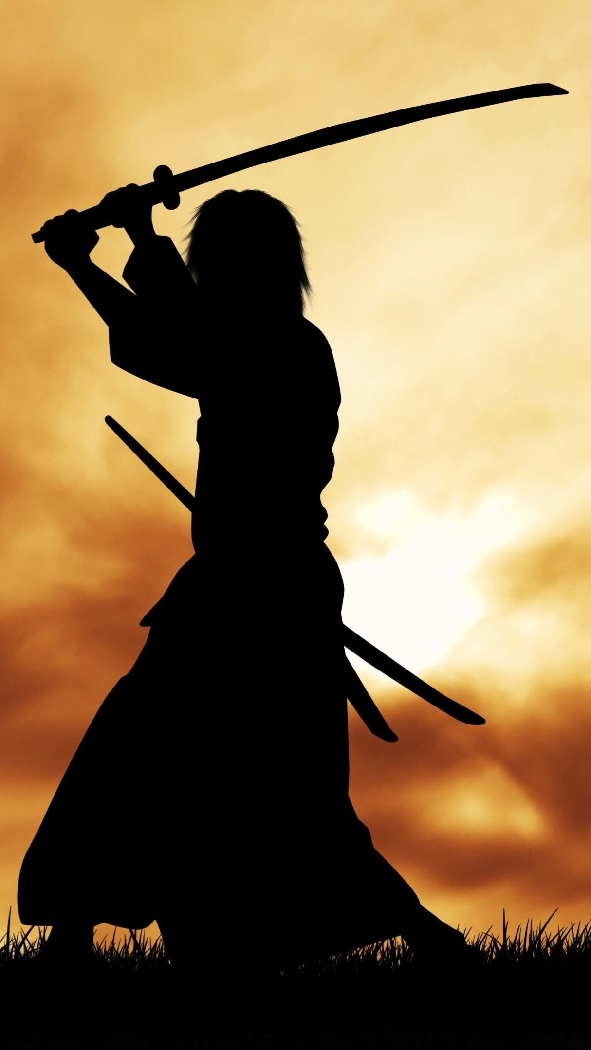 Samurai practicing with his katana in the sunset - backiee