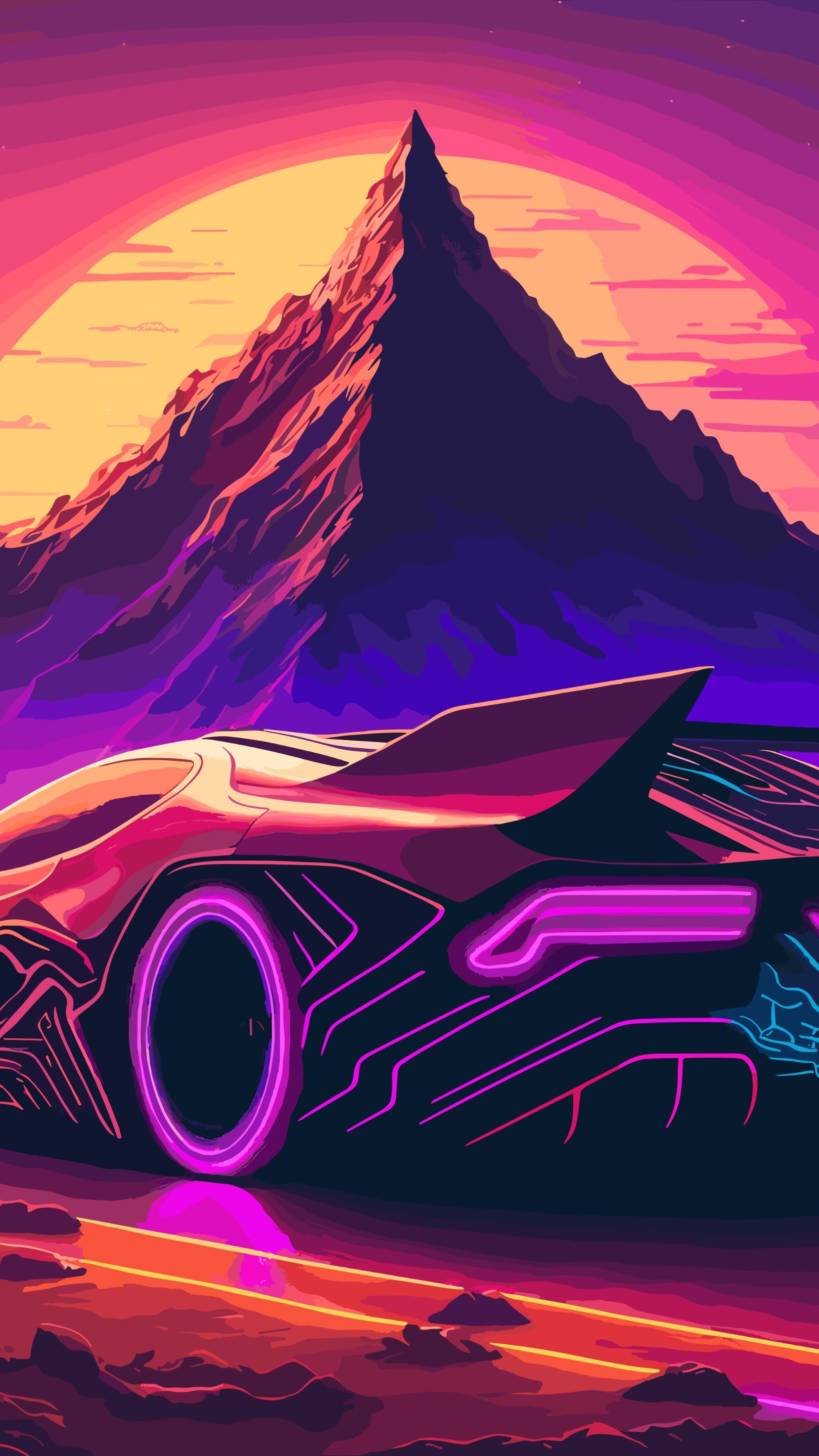 Neon Sunset and Futuristic Car - backiee