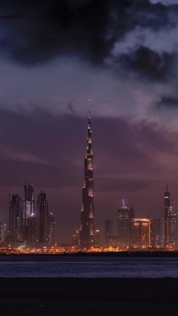 Dubai Skyline With Burj Khalifa At Sunset Wallpaper Backiee